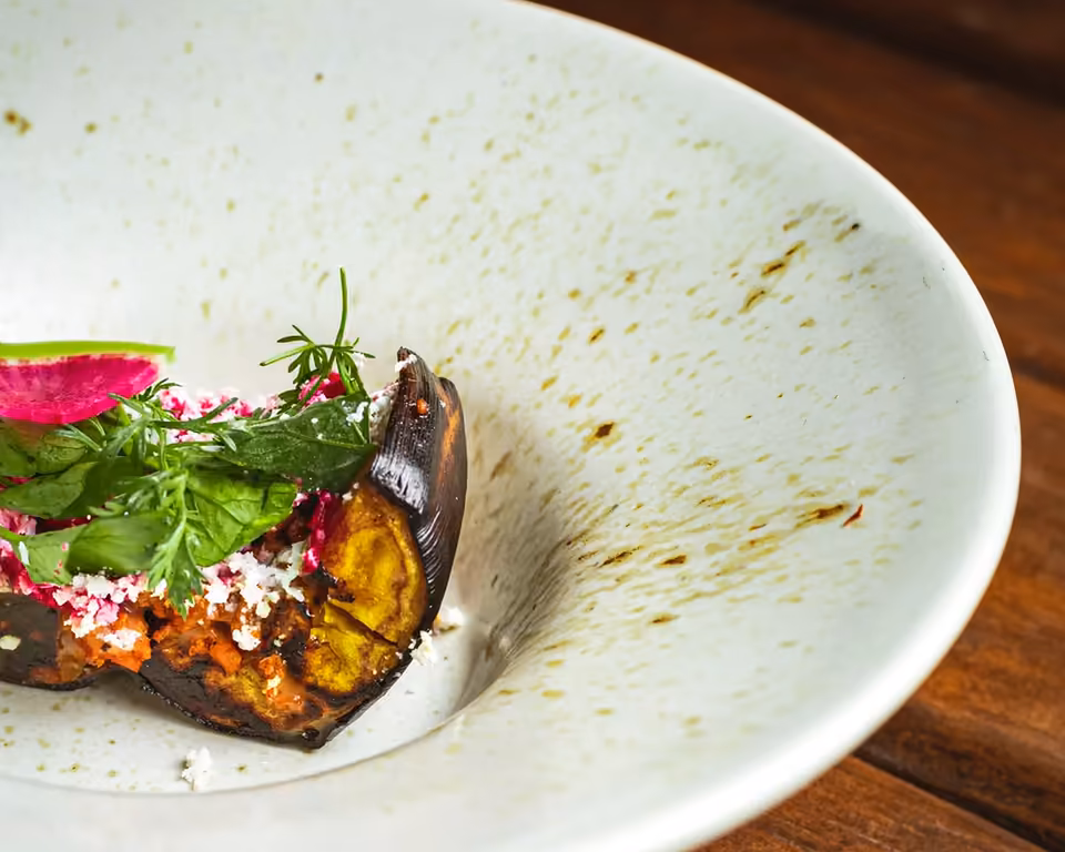 Geröstete Aubergine mit Dill und Radieschen auf Keramik